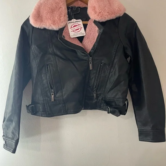 Jou Jou faux leather Black biker Jacket with Pink Fur Trim
